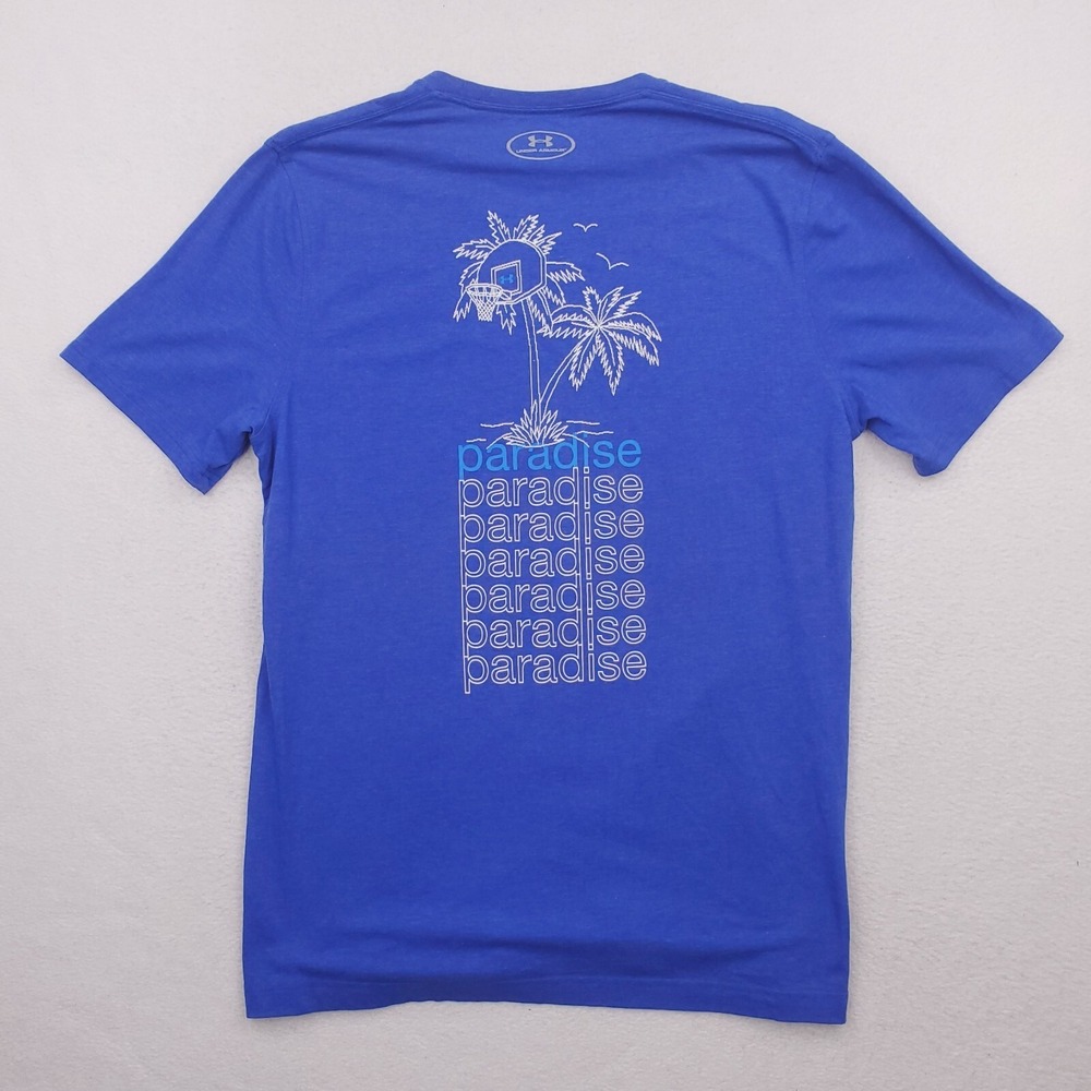 Under Armour Shirt Mens Medium Blue Paradise Basketball Palm Tree Loose HeatGear